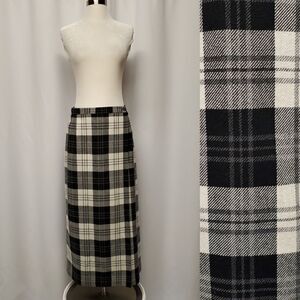 Vintage 90s y2k Evan Picone Wool Blend Black White Tartan Plaid Wrap Skirt Kilt